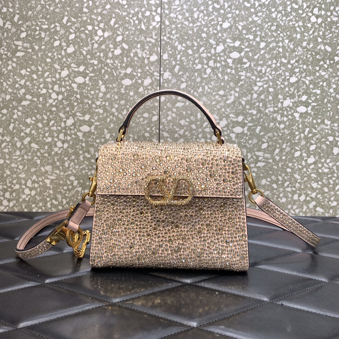 Valentino Garavani Vsling Mini Handbag Entirely Covered in Apricot Rhinestones